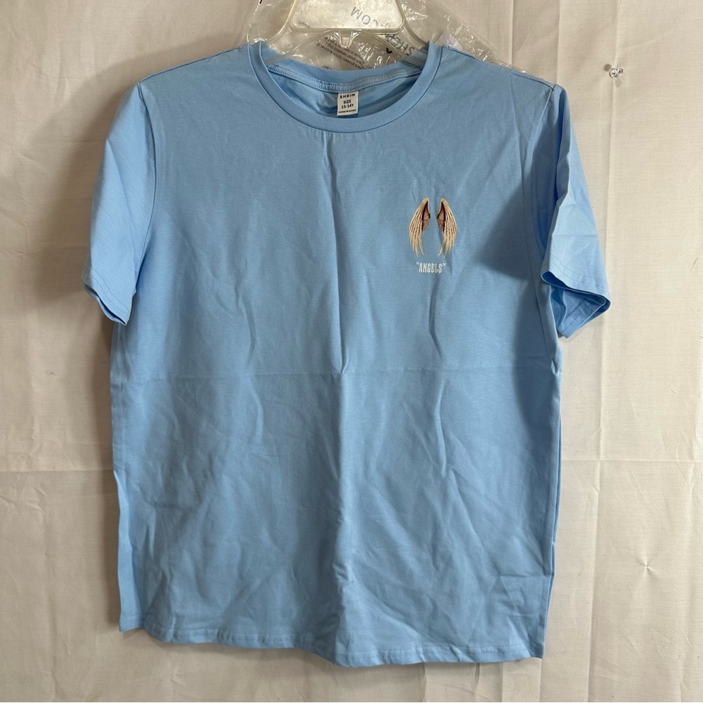 Shein Kids Short Sleeve Angels with Wings Screen Print T-Shirt Blue 13-14yr